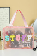 Color black STUFF Chenille Letter Patched Teddy Bear Mesh Lightweight Makeup Bag