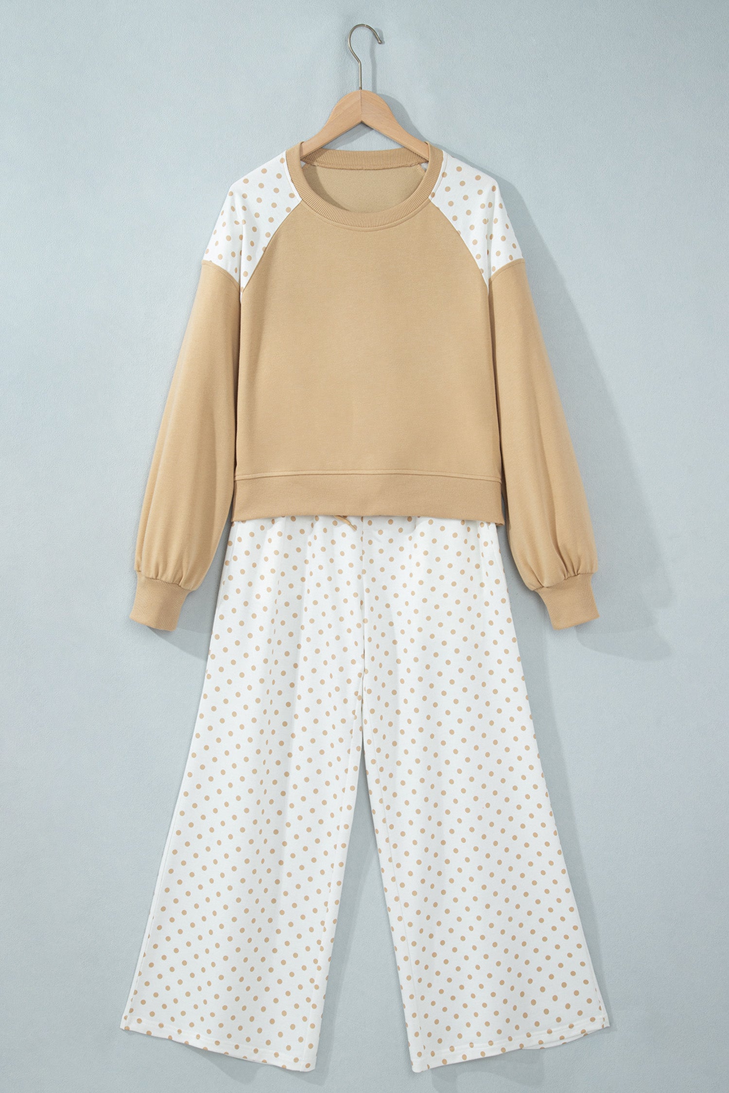Khaki Polka Dot Patchwork Colorblock Long Sleeve Casual Two Piece Pants Set