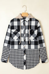 Black Plaid Patchwork Drawstring Hooded Raw Hem Shacket