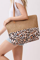Thai Curry Straw Woven Leopard Patchwork Large Tote Bag