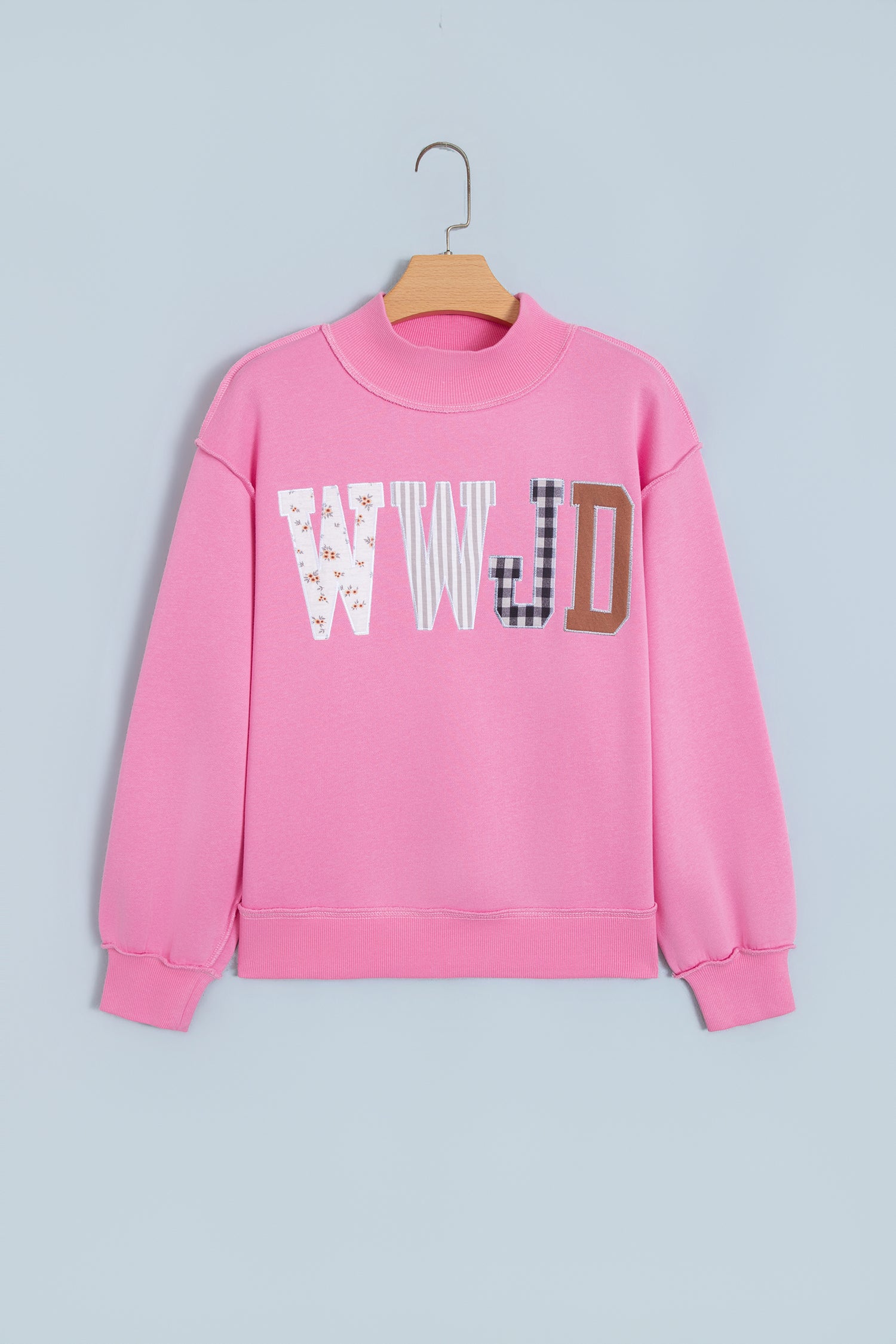 Bonbon WWJD Mixed Pattern Embroidered Patch Graphic Mock Neck Sweatshirt