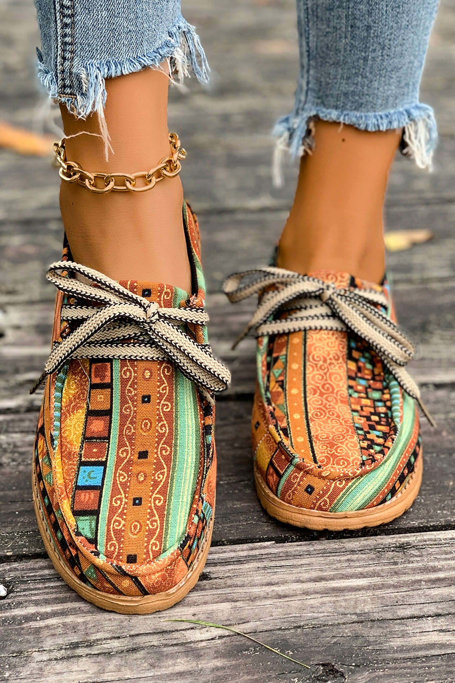 Coffee Sleek Snake Skin Print Lace-up Detail Comfort Loafer Shoes