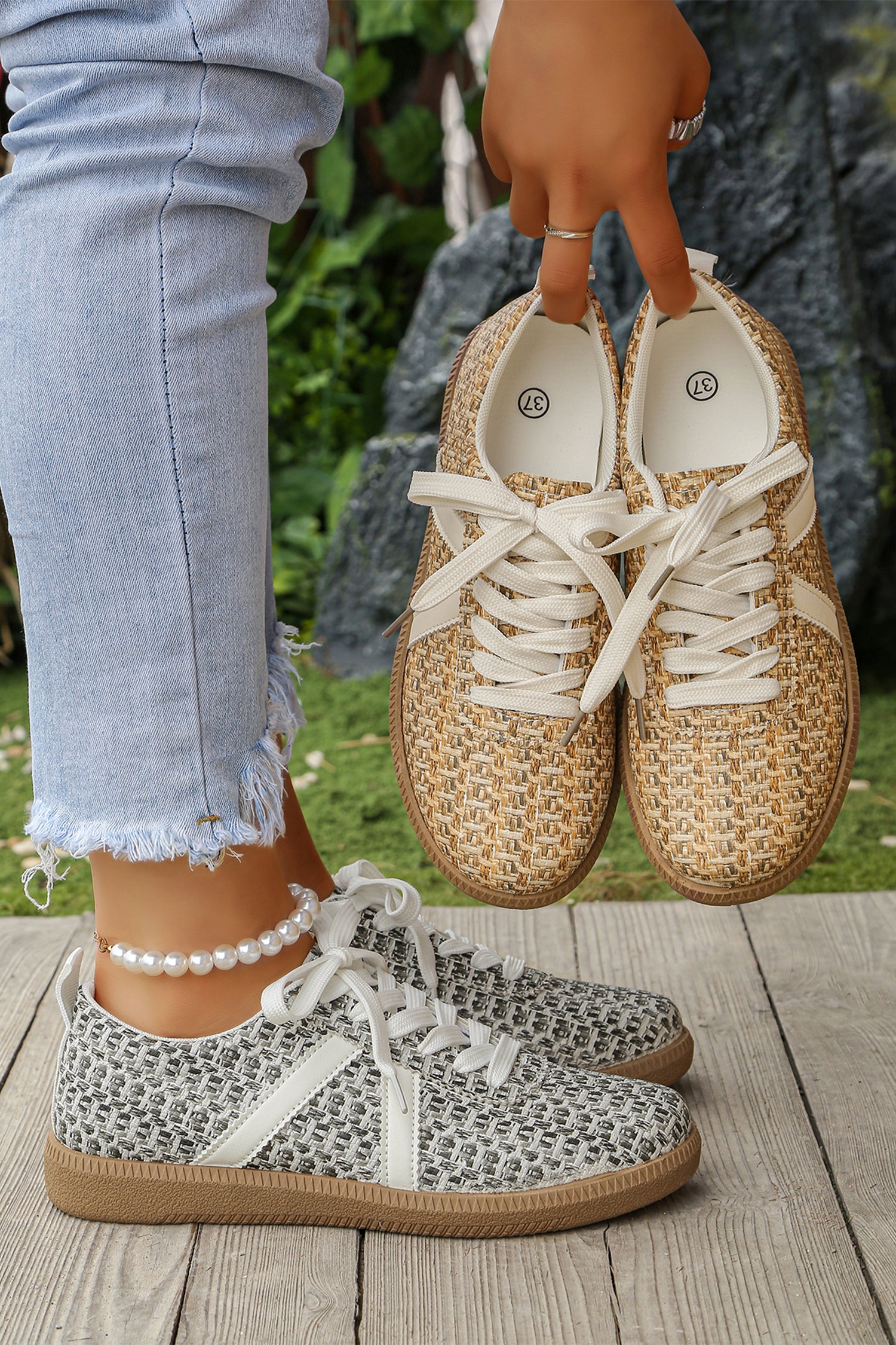 Gold Stylish Woven Lace Up Flat Shoes