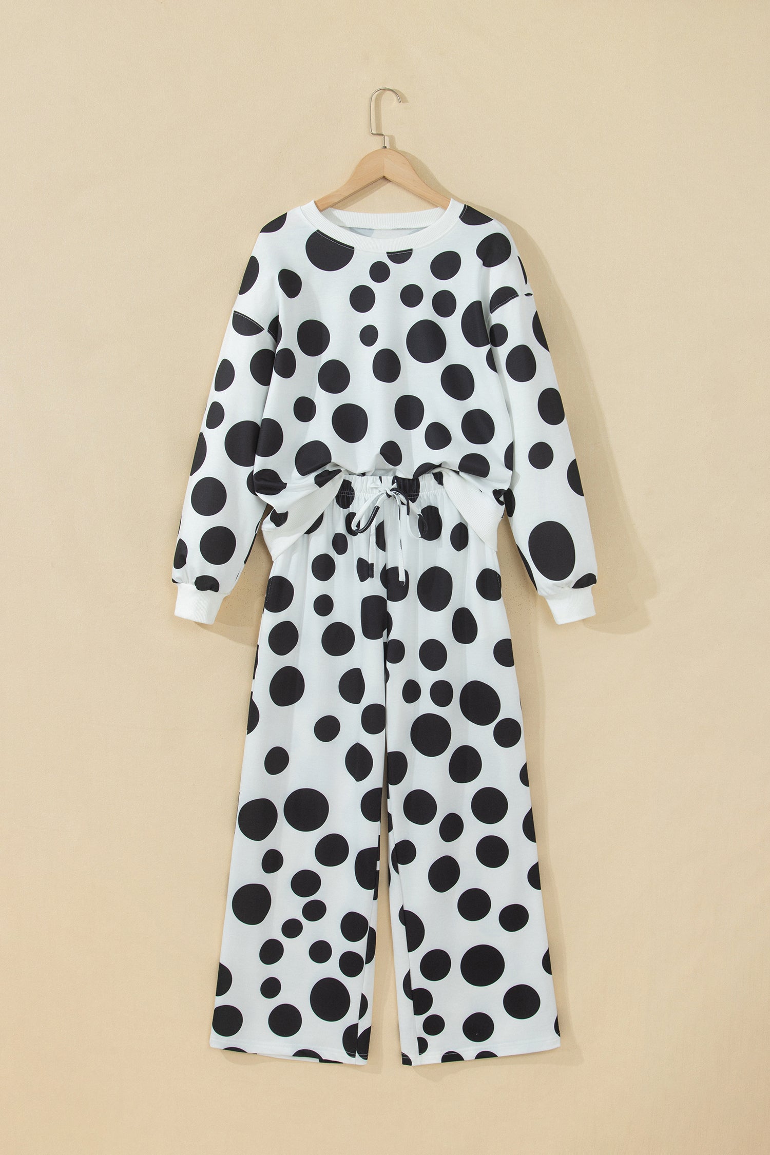 Khaki Polka Dot Long Sleeve Top Drawstring Relaxed Pants Set