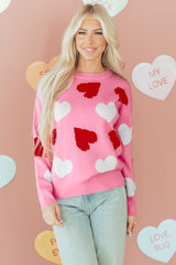 Pink Pearl Embellished Heart Pattern Valentines Day Sweater