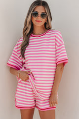 Pink Stripe Contrast Trim Short Sleeve Top Loose Shorts 2pcs Casual Outfit