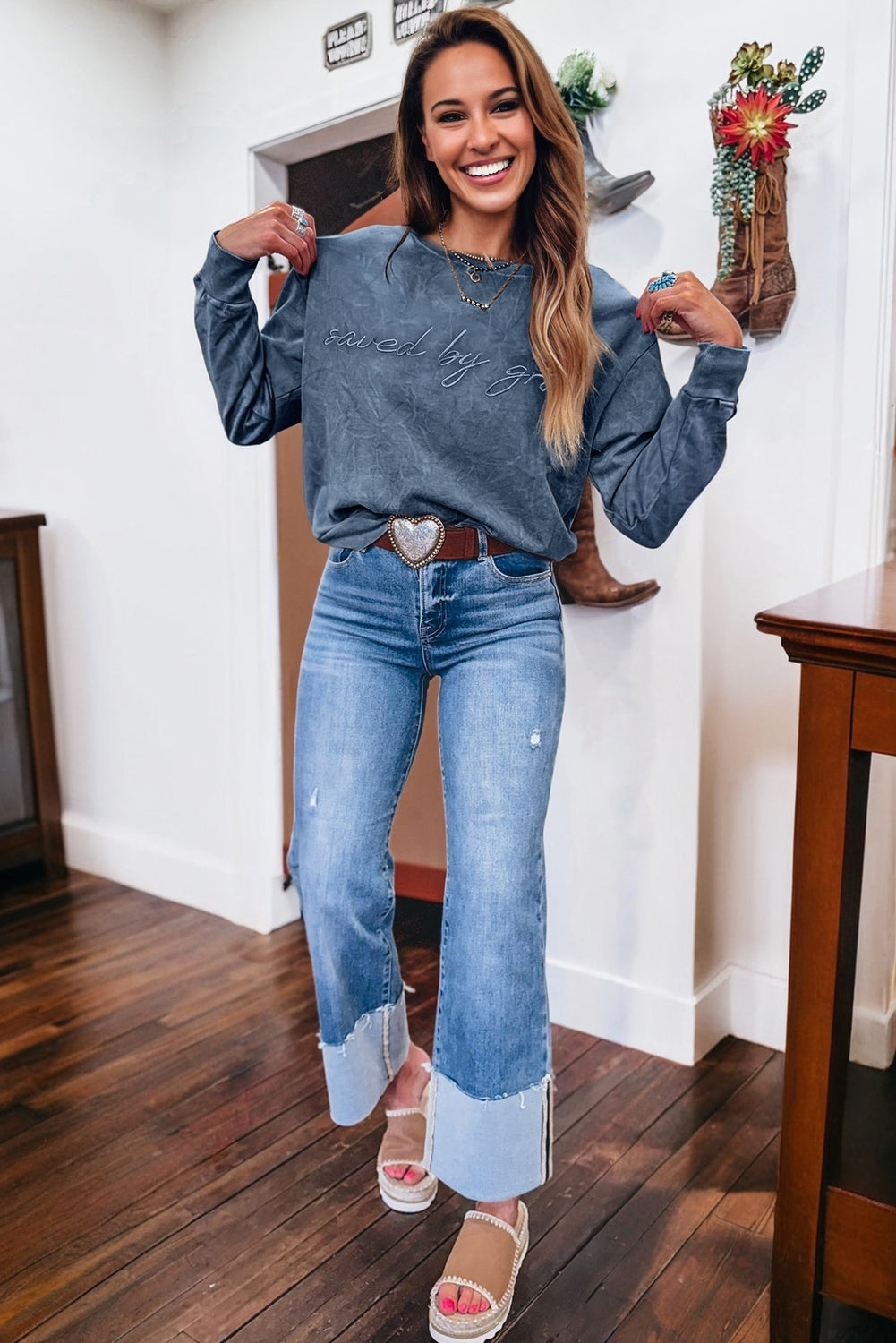 Real Teal saved by grace Letter Embroidery Mineral Wash Loose Sweatshirt