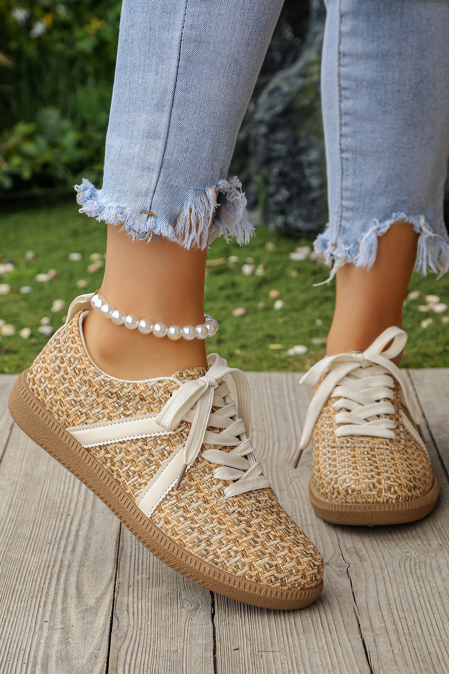 Gold Stylish Woven Lace Up Flat Shoes