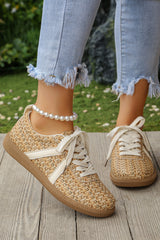 Gold Stylish Woven Lace Up Flat Shoes