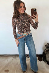 Khaki Leopard High Neck Long Sleeve Western Slim Top
