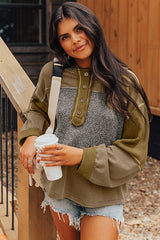 Jungle Green Mixed Texture Patchwork Exposed Seam Half Button Hooded Sweatshirt