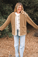 Light French Beige Puffy Plush Corduroy Edge Patchwork Jacket with Big Pockets