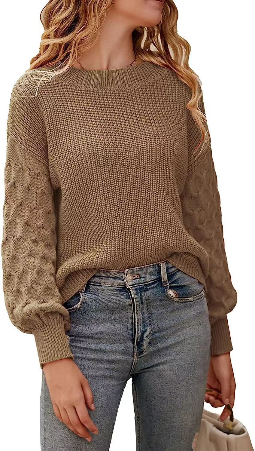 Lantern Sleeve Knitted Solid Color Top