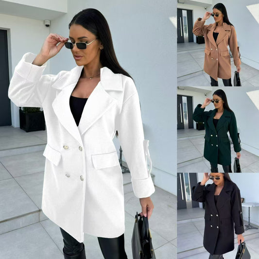 Winter Solid Color Double-breasted Coat Women's Clothing