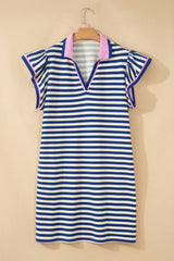 Dark Blue Striped Shift Dress Colorblock V Neck Short Sleeve Casual Summer