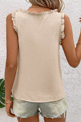 Parchment Textured Frilly Trim V Neck Sleeveless Top