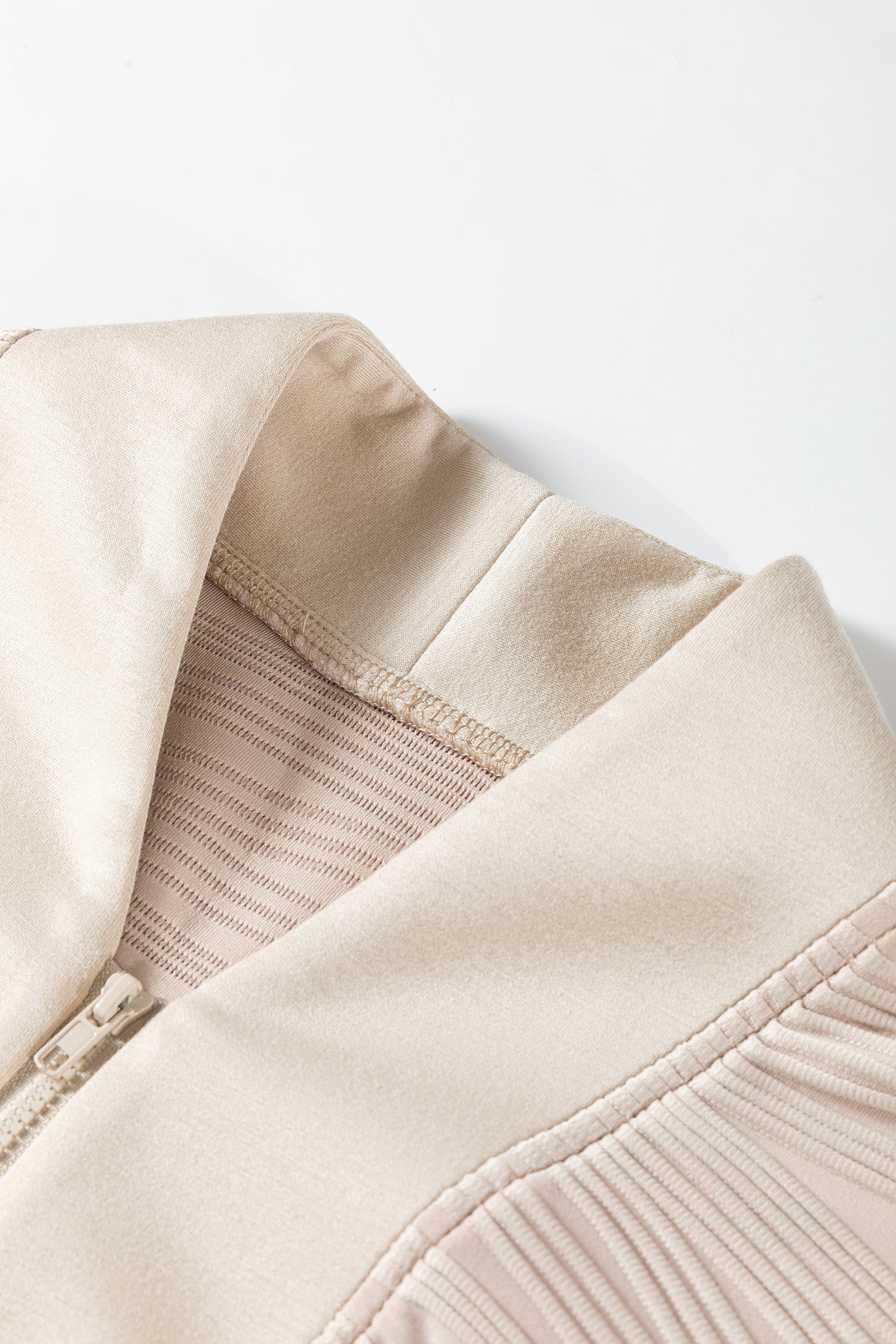 Parchment Solid Color Zipper V Neck Pullover Sweatshirt