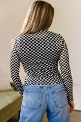 Black Plaid Stand Neck Long Sleeve Mesh Top