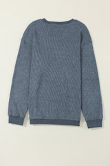 Blue Plain Solid Ribbed Knit Round Neck Pullover Sweatshirt