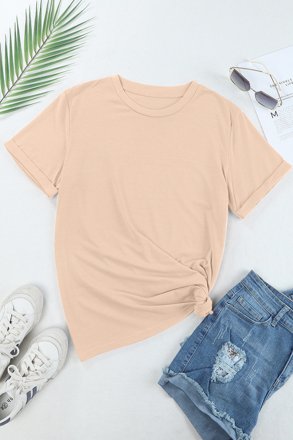 Yellow Cream Casual Plain Crew Neck Tee