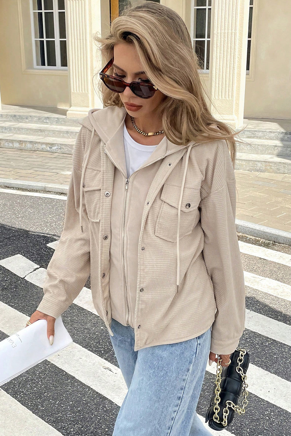 Beige Solid Color Textured Patchwork Flap Pocket Shacket