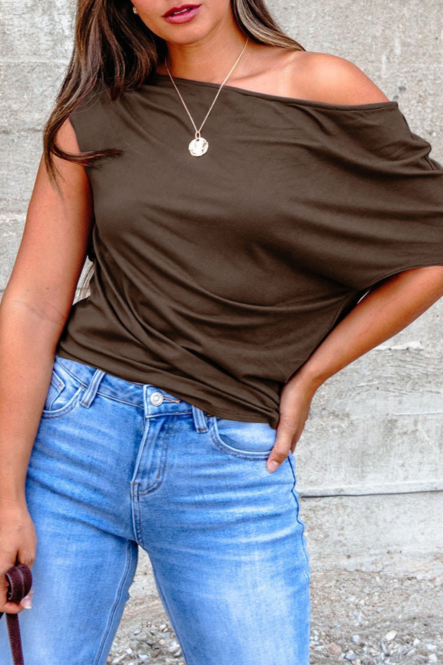 Burgundy Plus Size Solid Color Asymmetric Neck Short Sleeve Blouse
