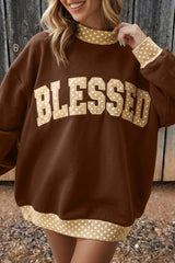 Coffee Polka Dot Trim High Neck BLESSED Letter Graphic Baggy Sweatshirt