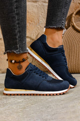 Navy Blue Faux Suede Mixed Patchwork Retro Jogger Sneakers
