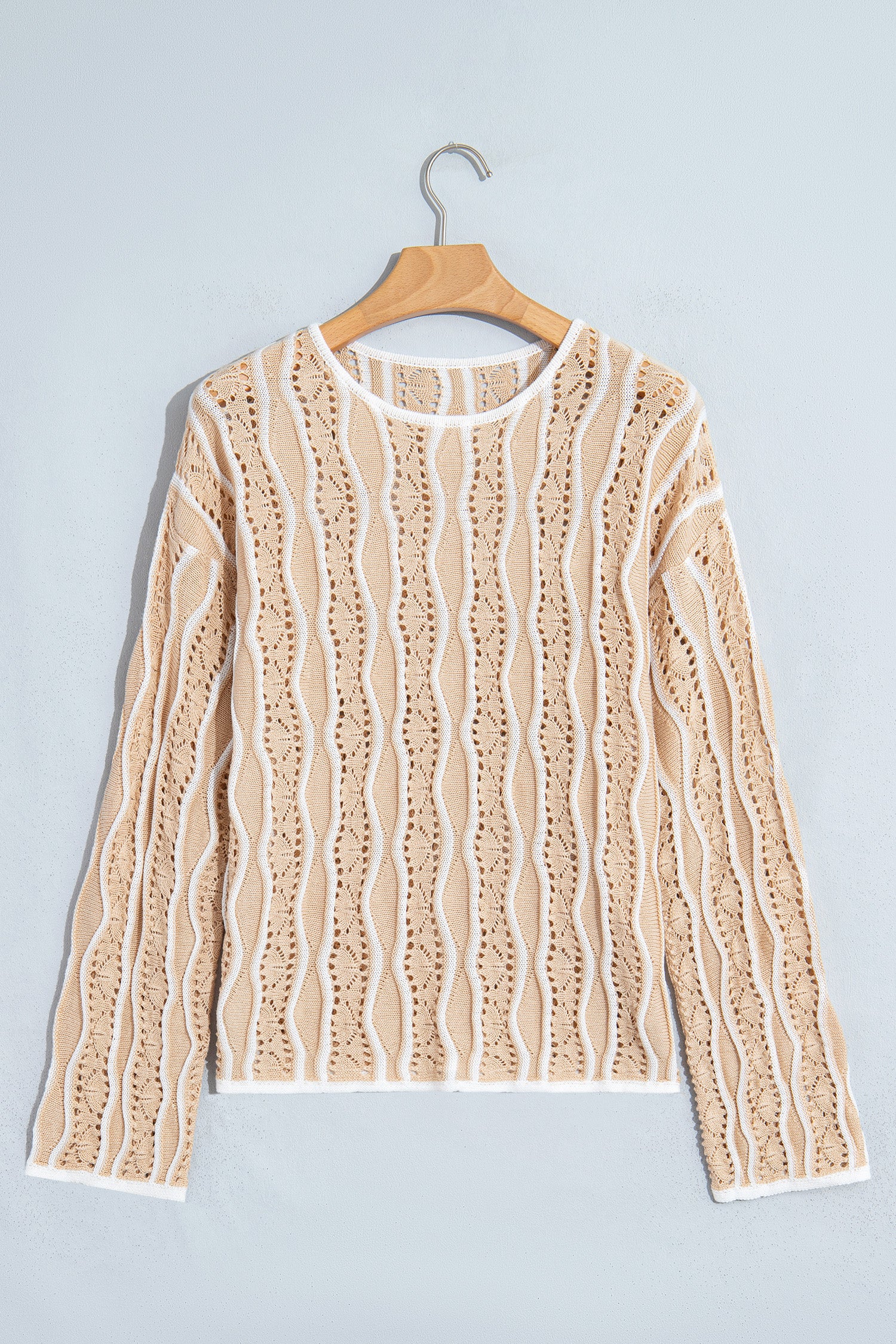 Pink Wavy Detail Hollow Out Knit Long Sleeve Cotton Pullover Sweater