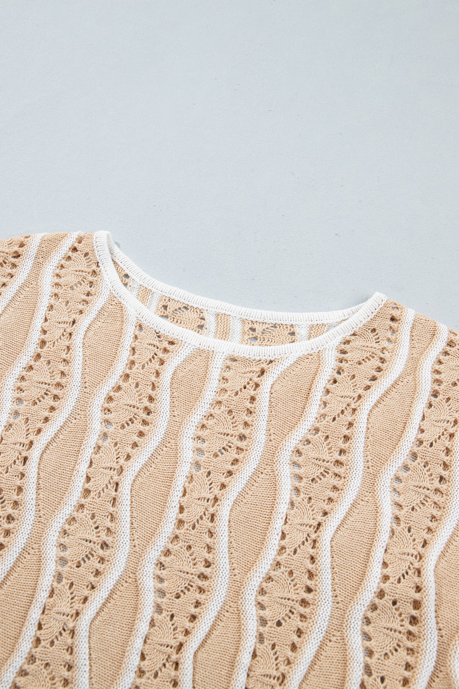 Pink Wavy Detail Hollow Out Knit Long Sleeve Cotton Pullover Sweater