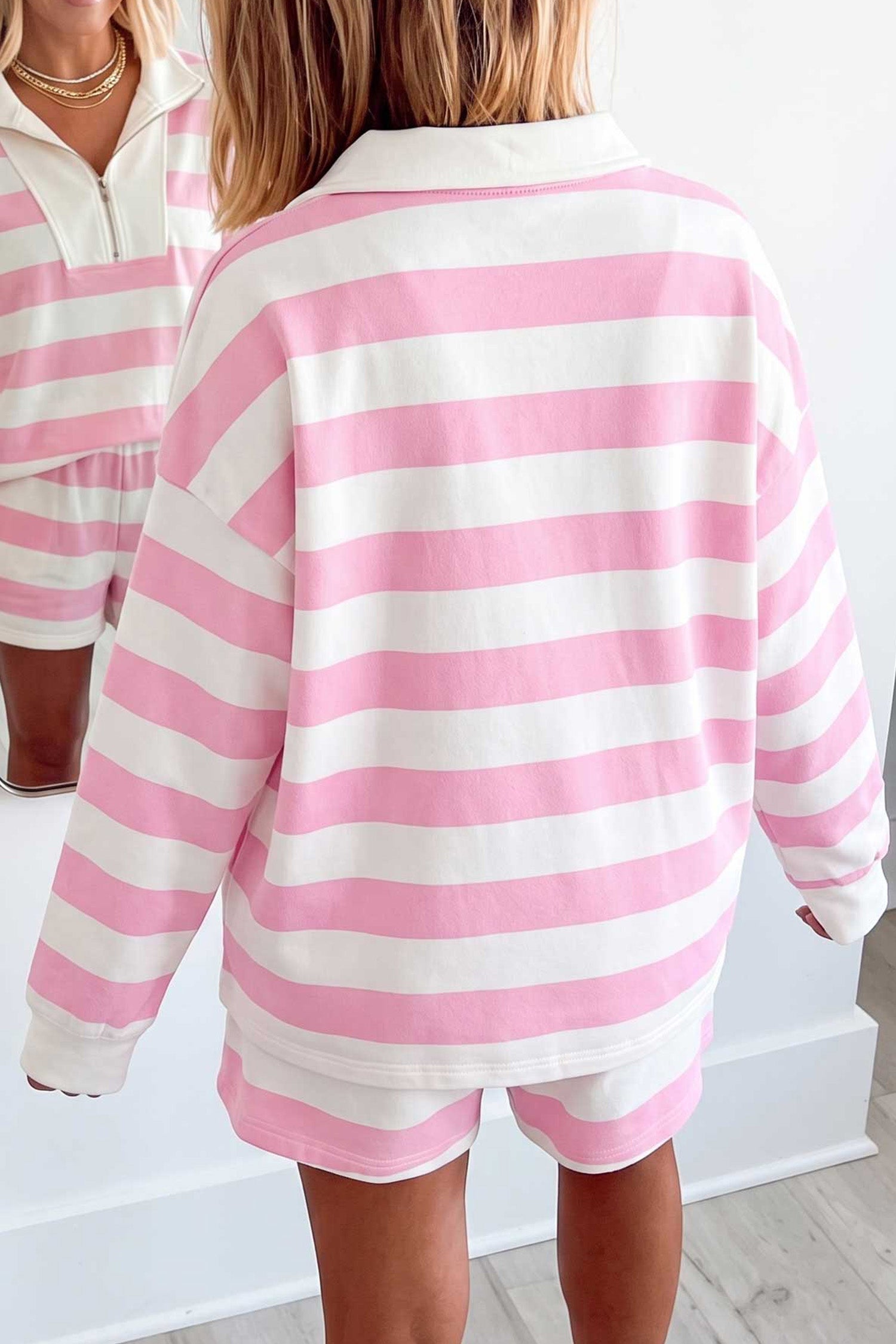 Pink Stripe Patchwork Zipper Pullover Elastic Waist Shorts 2pcs Set