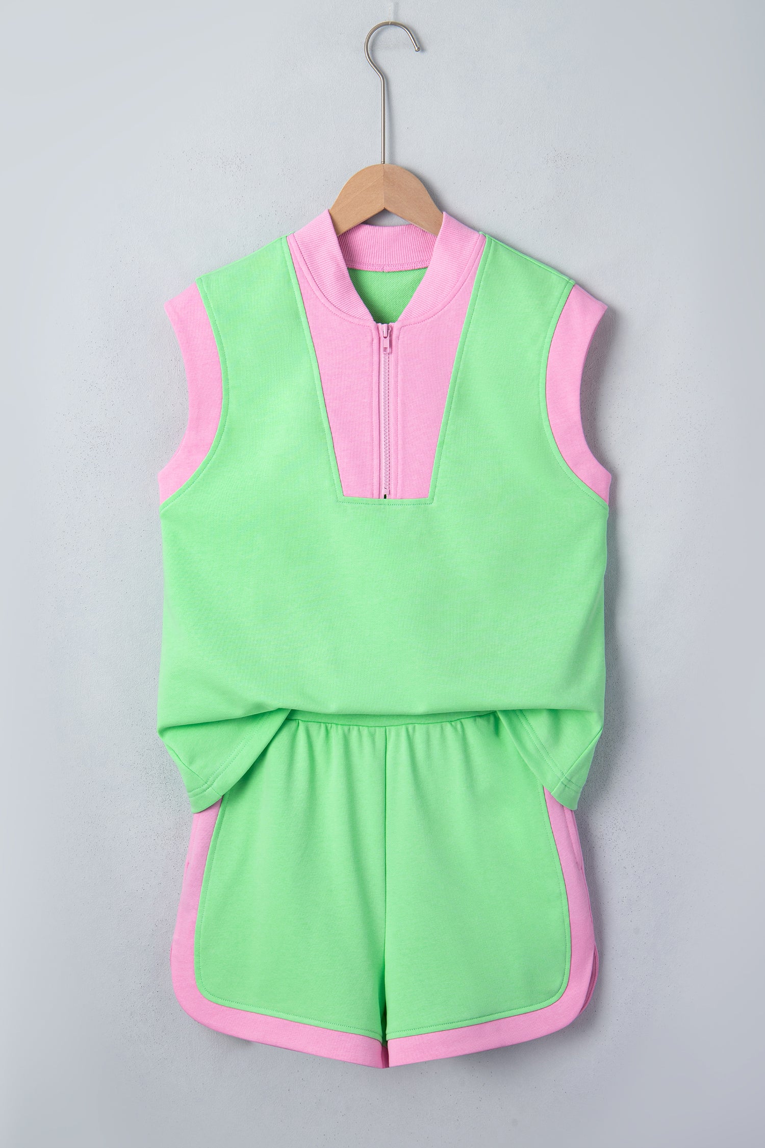 Pitaya Pink Color Block Accent Half Zip Top Athleisure Shorts Set
