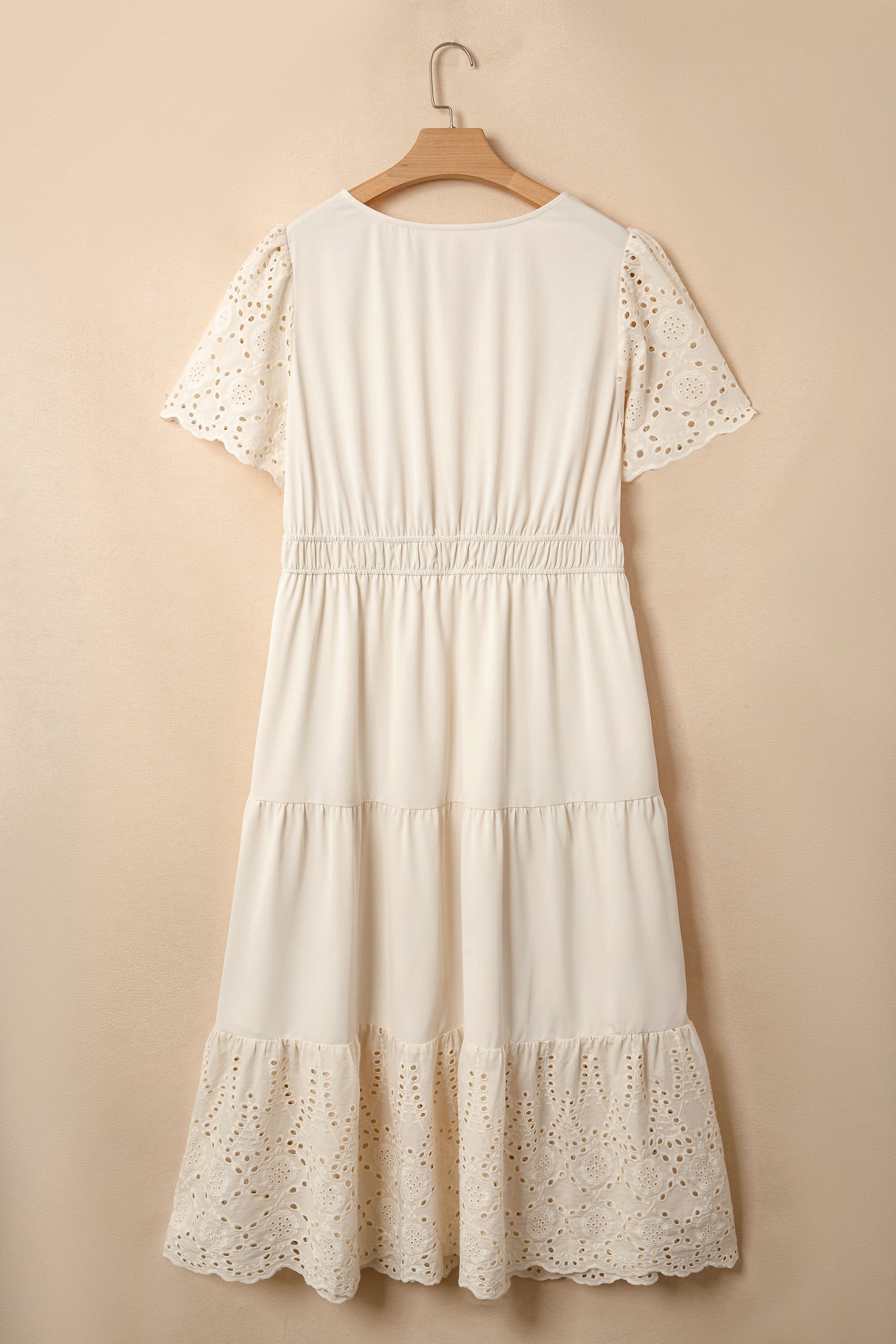 Apricot Plus Size V Neck Lacy Embroidery Patchwork Short Sleeve Maxi Dress