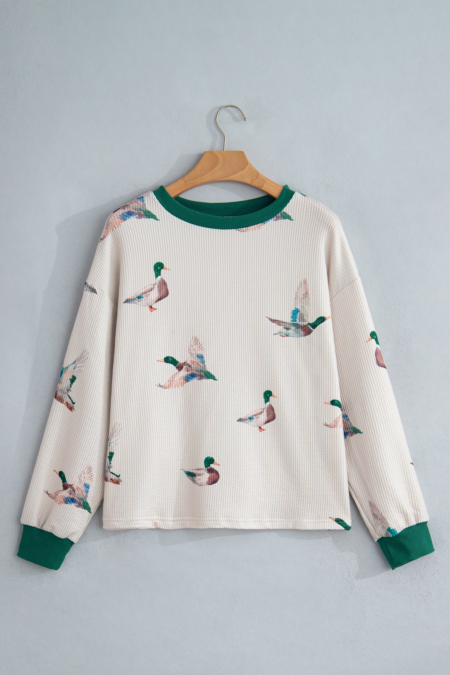 Beige Twisted Ribbed Duck Print Crewneck Casual Pullover Top