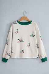 Beige Twisted Ribbed Duck Print Crewneck Casual Pullover Top
