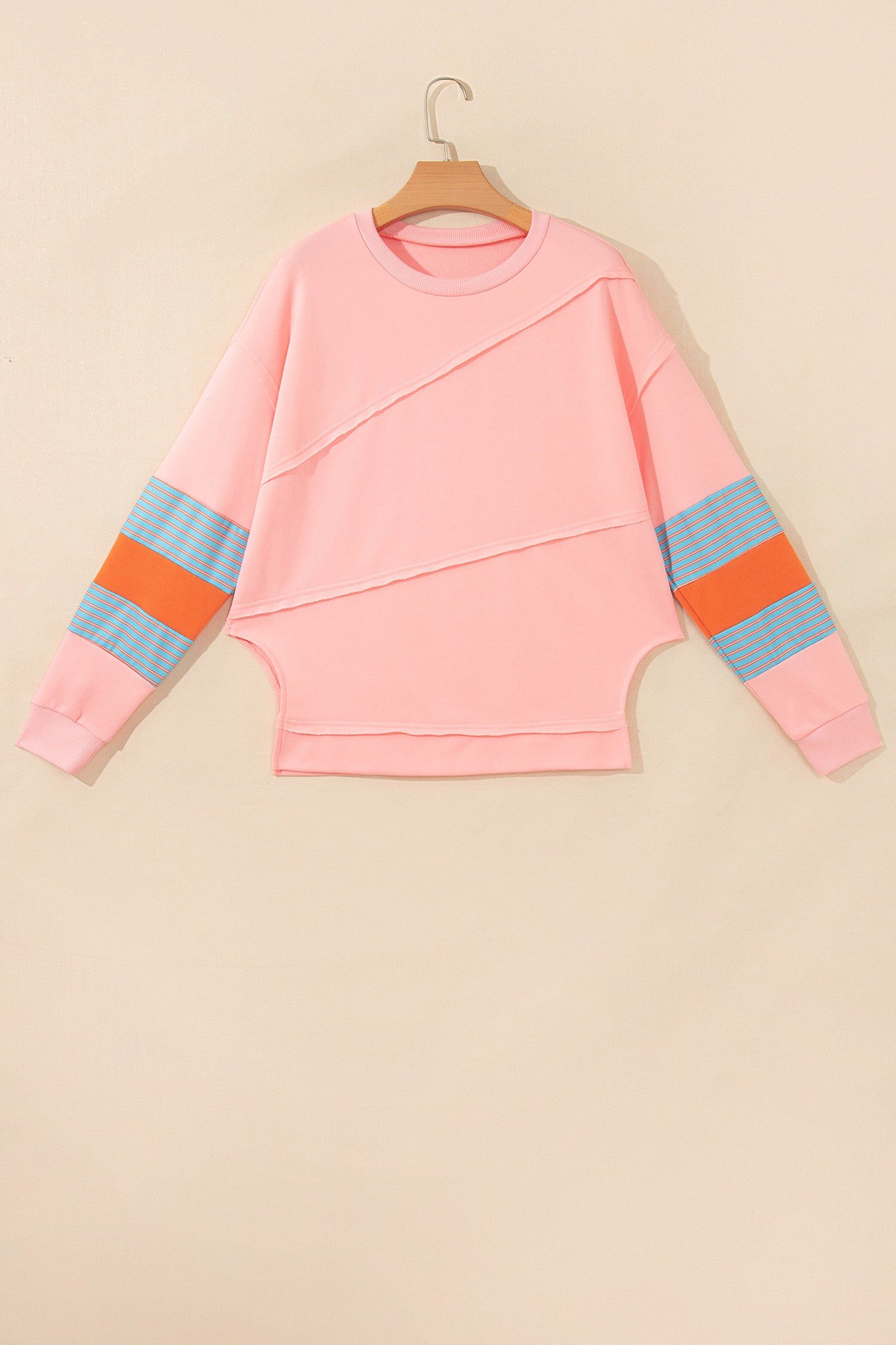 Pink Colorblock Striped Patchwork Raw Detail Long Sleeve Top