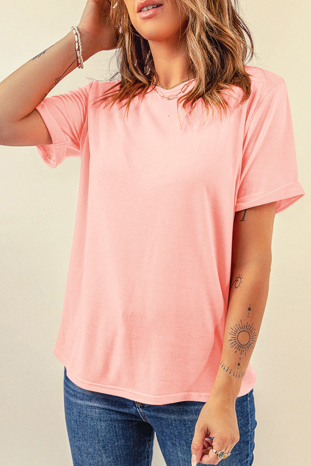 Yellow Cream Casual Plain Crew Neck Tee