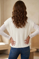 White Solid Color Ribbed Knit Mock Neck Loose Short Sleeve Sweater