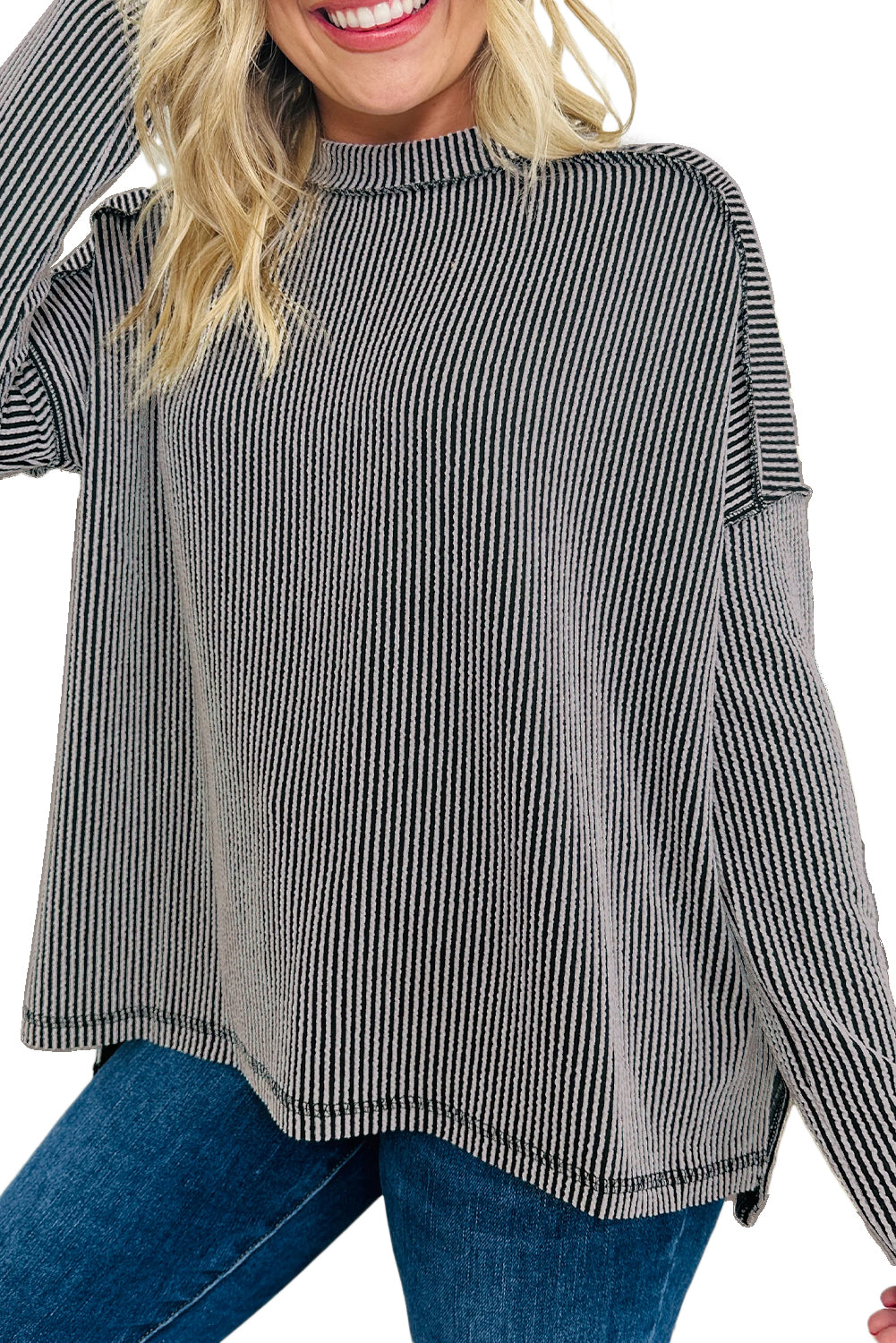 Black Twisted Rib Exposed Seam Detail Long Sleeve Loose Top