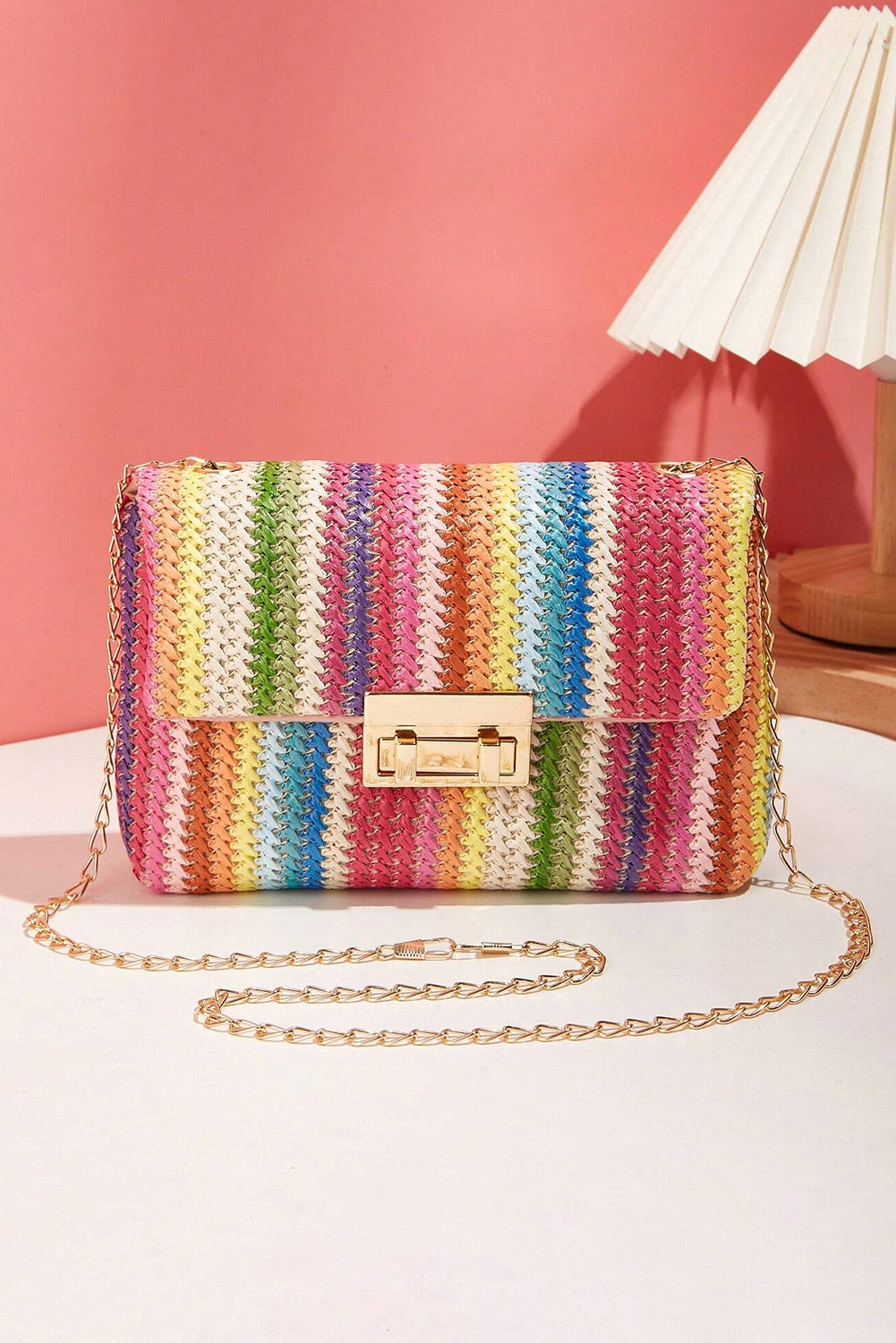 Strawberry Pink Straw Plaited Gold Chain Clasp Closure Single Shoulder Bag