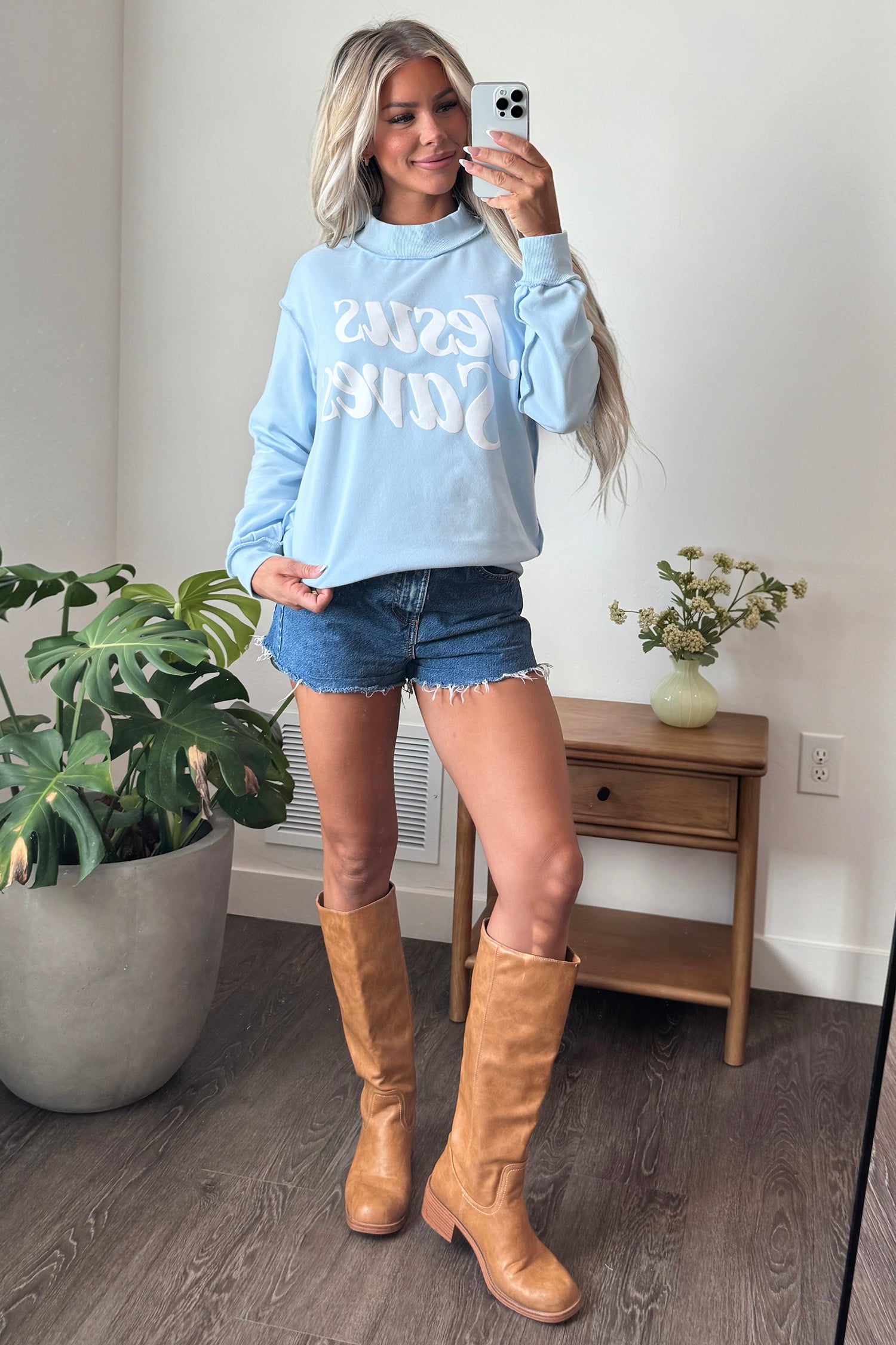 Mist Blue Jesus Saves Slogan Print Stand Neck Baggy Sweatshirt