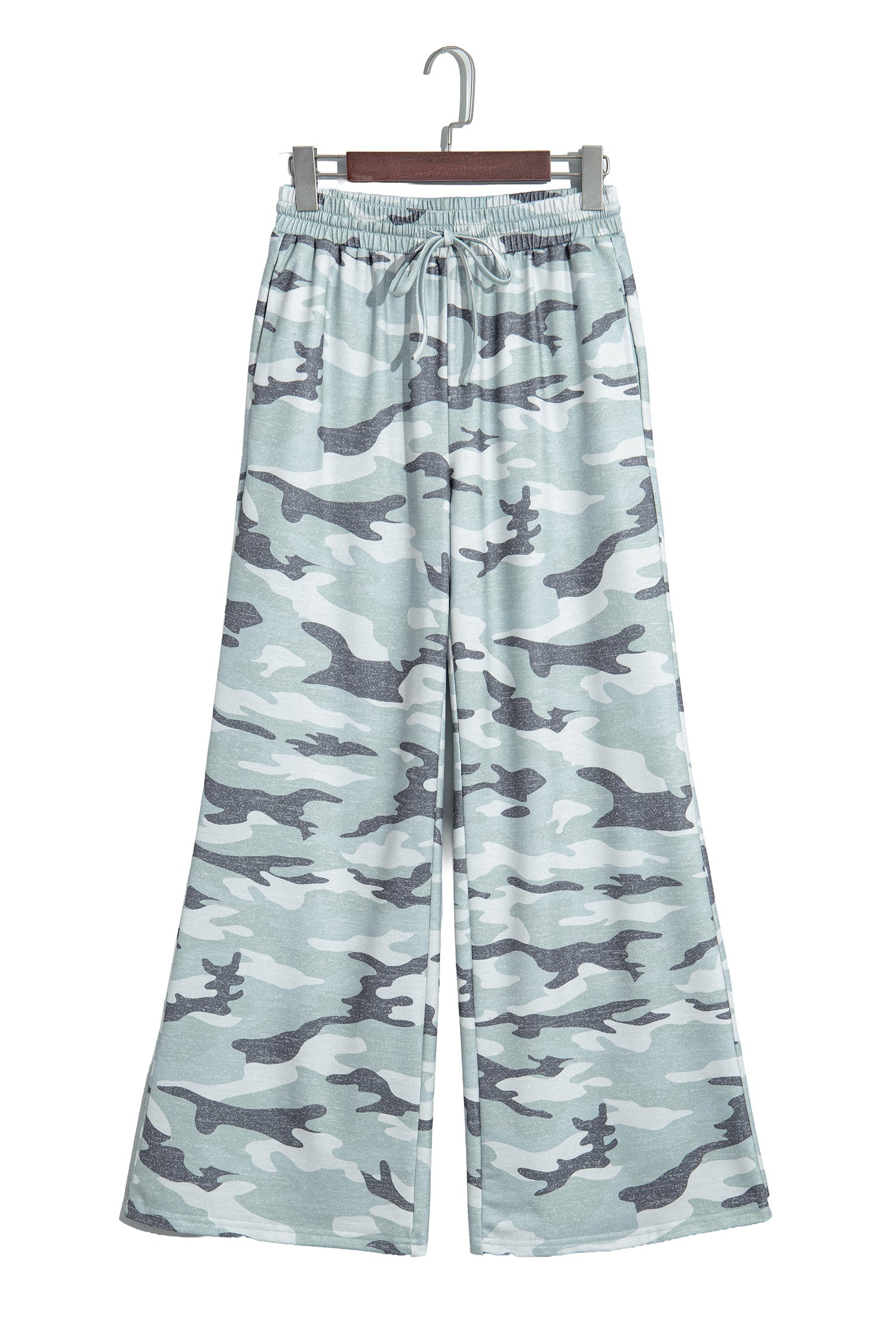Green Camo Wide Leg Tie Elastic Waist Casual Pants