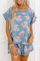 Sky Blue Floral Denim Short Sleeve Top Loose Shorts 2pcs Set