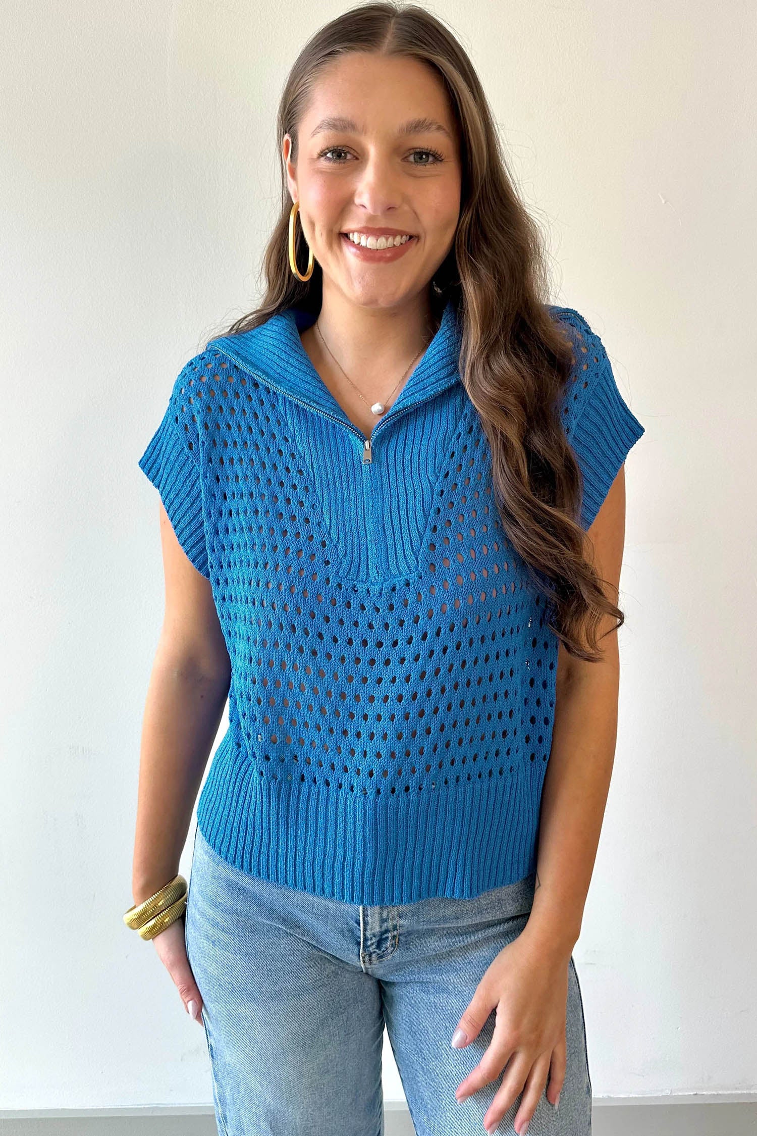 Yellow Solid Color Hollowed Knit Short Sleeve Zipper Collar Knitwear Top