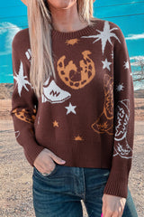 Brown Cowgirl Fashion Print Casual Sweater