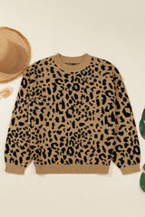 Light French Beige Ribbed Trim Round Neck Leopard Drop Shoulder Sweater