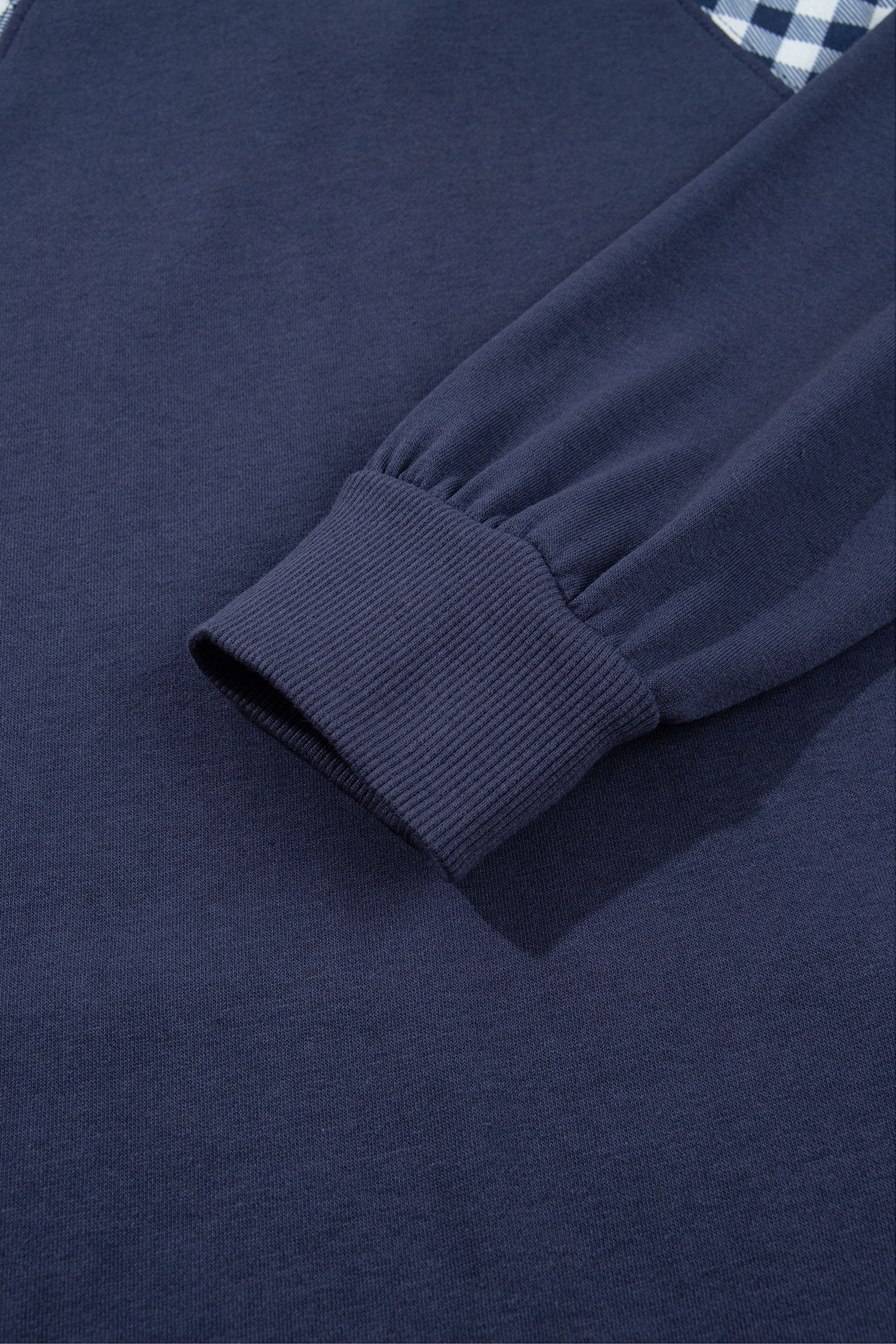 Navy Blue Patchwork Plaid Pocket Quarter Zip Sweatshirt