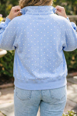 Sky Blue Polka Dot V Neck Metal Button Long Sleeve Shift Plus Size Sweatshirt