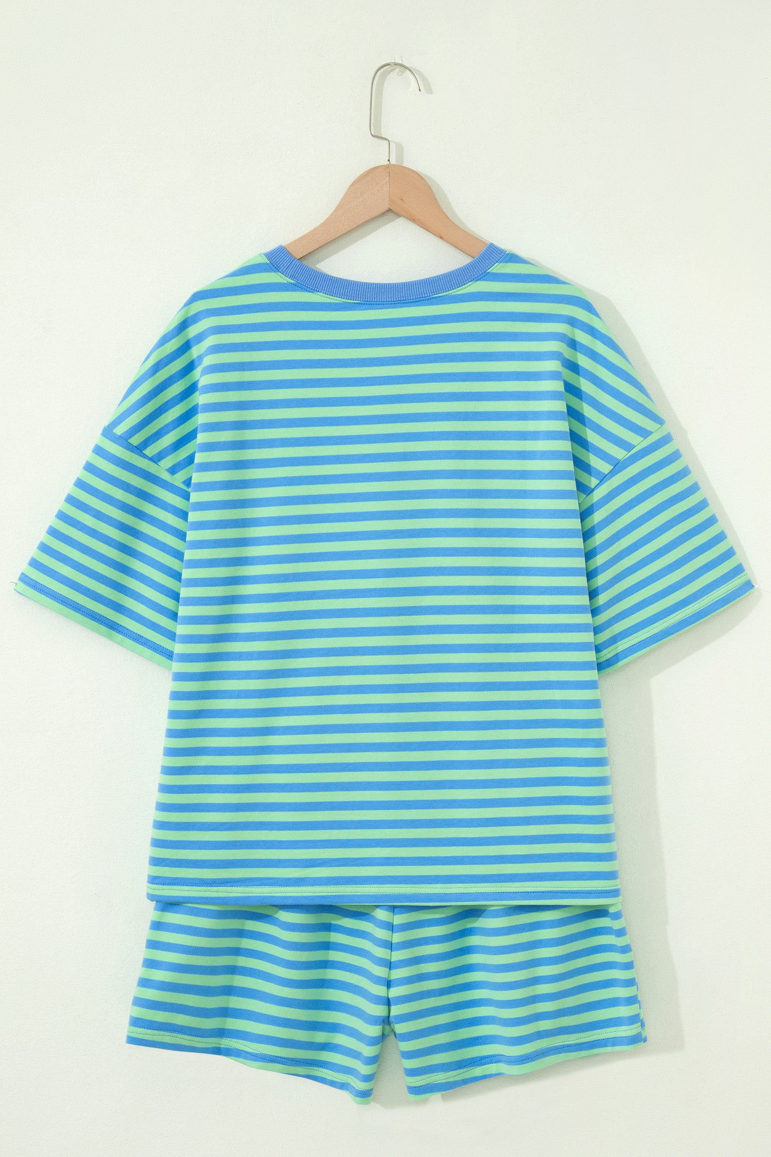 Navy Stripe Striped Ribbed Cotton Two-Piece Short Set with Chest Patch Detail