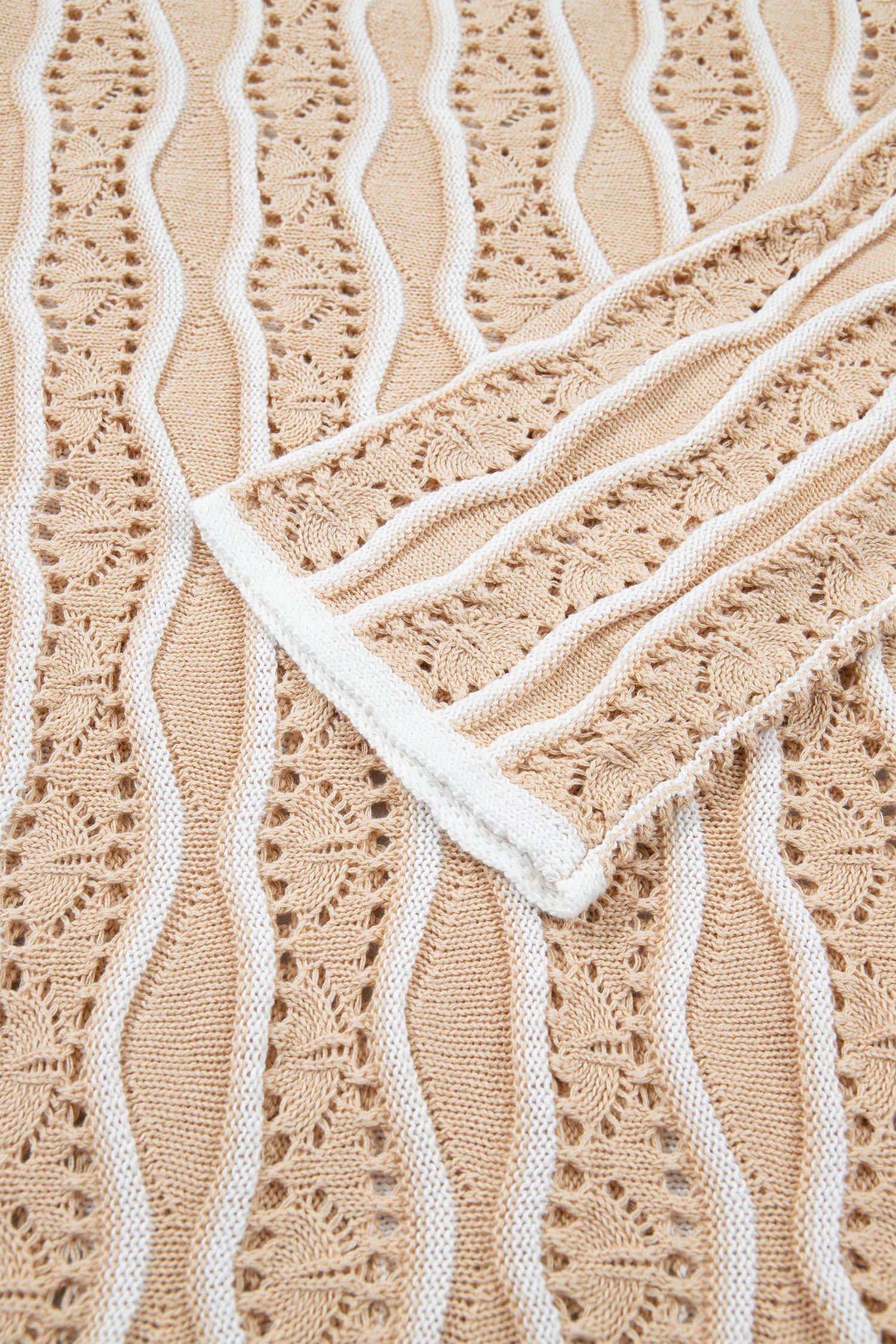 Pink Wavy Detail Hollow Out Knit Long Sleeve Cotton Pullover Sweater